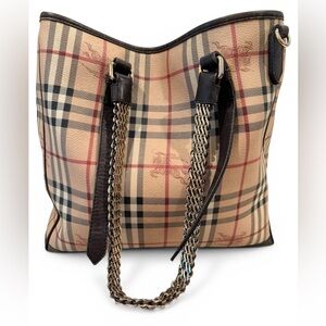 Burberry Haymarket Check Chain Handle Large Coated Canvas Shoulder Tote Bag